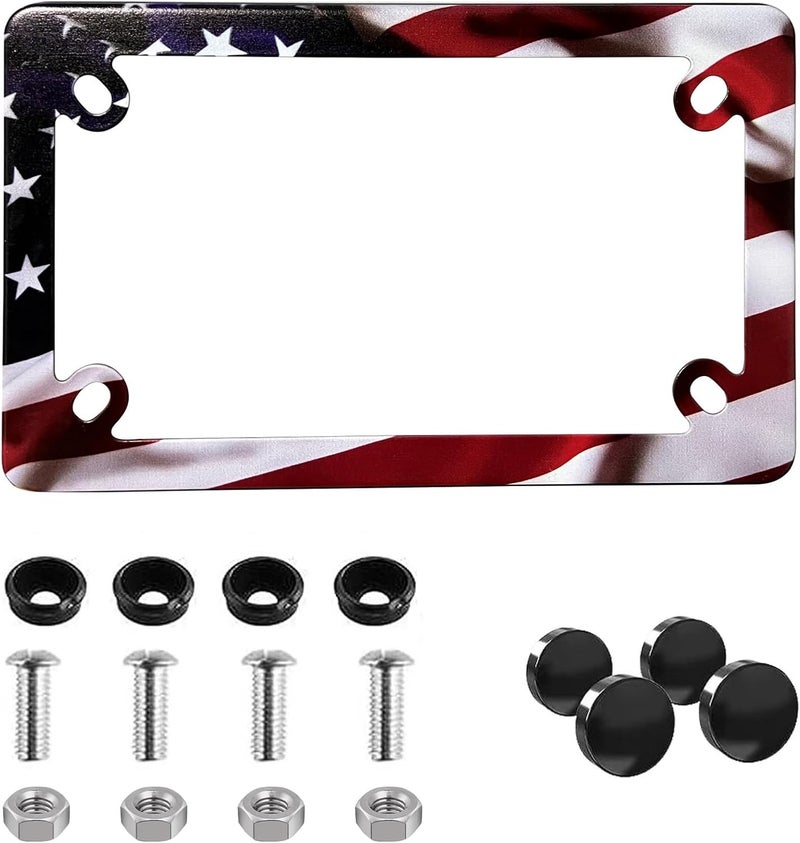LIN KANG Motorcycle American Flag License Plate Frame - Stainless Steel Matte Stripe US Flag Gloss Patriotic License Plate Frame Covers for Motorcycle - Image 1
